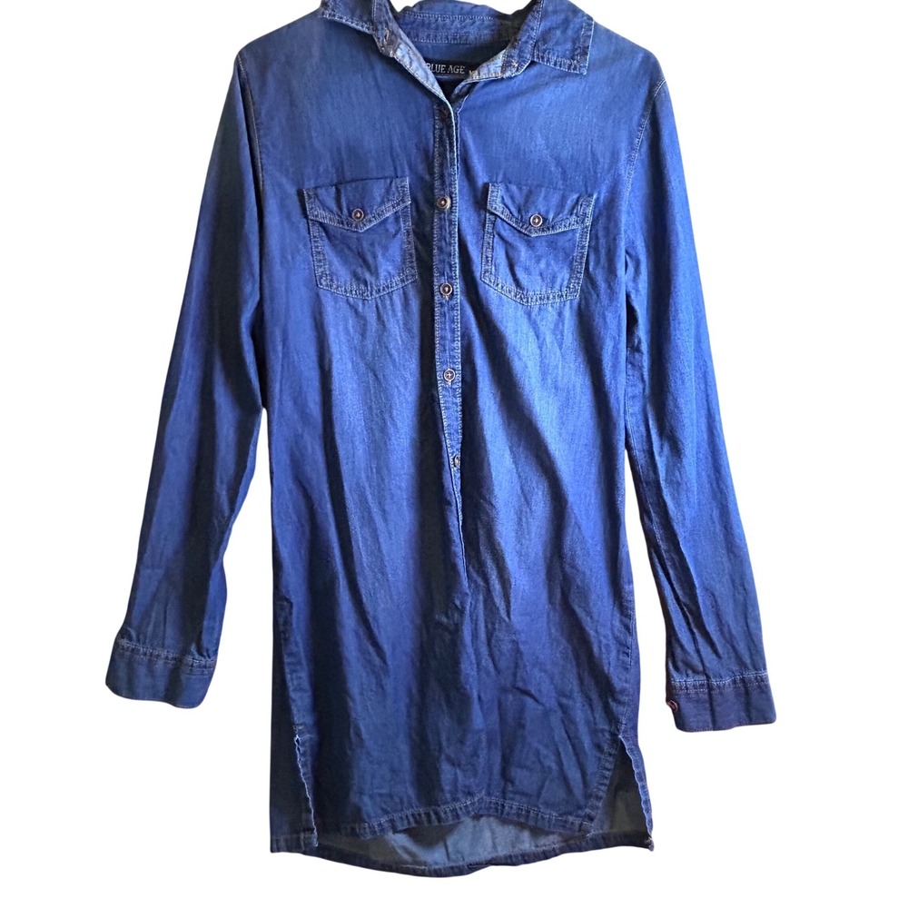Blue Age Denim Shirt Dress Long Sleeve Collared Button‎ Front Pockets Size M